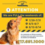 Attention Stonehill Customers! We are full the weekends of 7/29-7-31, 8/5-8/7, and 8/12-8/14. Our weekends are filling up quickly, so please book your pup's reservations as soon as possible! Thanks! 717-691-1000