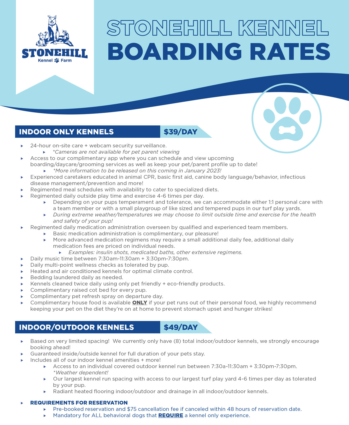 2023 Stonehill Kennel and Farm Dog Boarding Rates